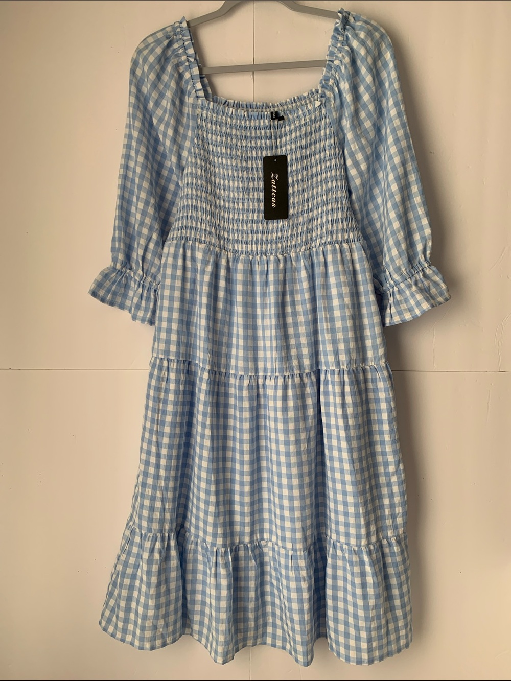 NWT Zattcas Smocked Gingham Midi Dress - Light Blue White Size L